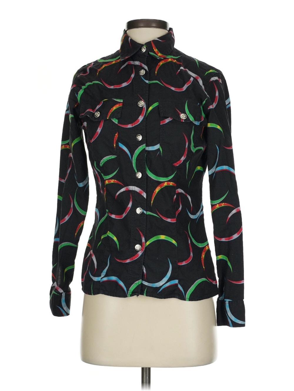 Black Button-Down Shirt with Multicolor Crescent Print